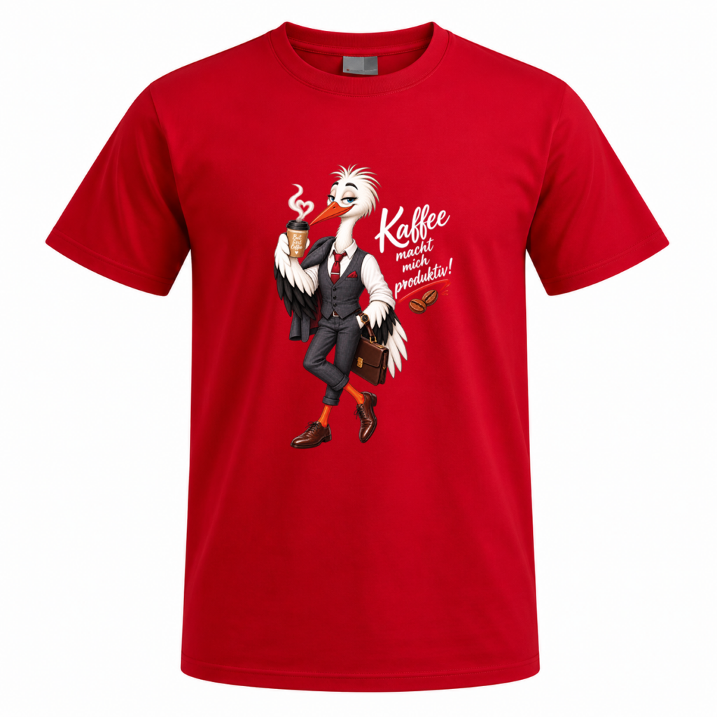 Herren T-Shirt „Kaffee macht mich produktiv!“ – Storch Motiv