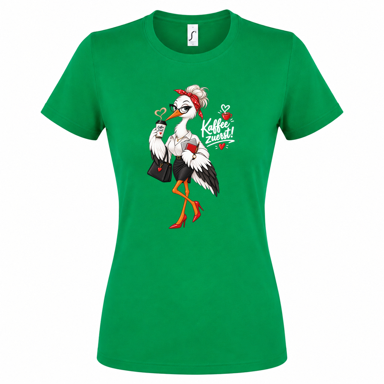 Damen T-Shirt „Kaffee zuerst!“ – Büro-Storch mit Kaffee – Bild 8