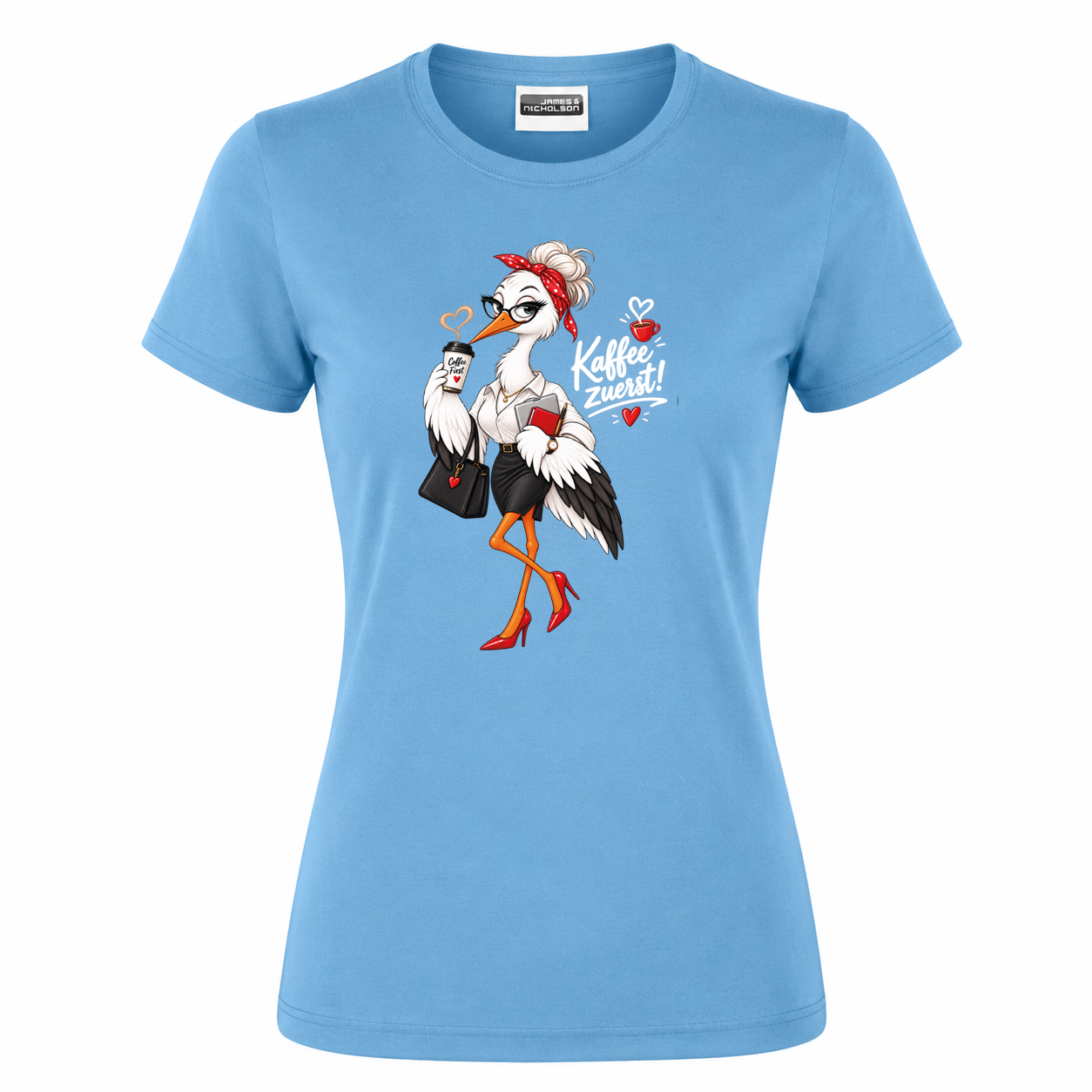 Damen T-Shirt „Kaffee zuerst!“ – Büro-Storch mit Kaffee – Bild 7