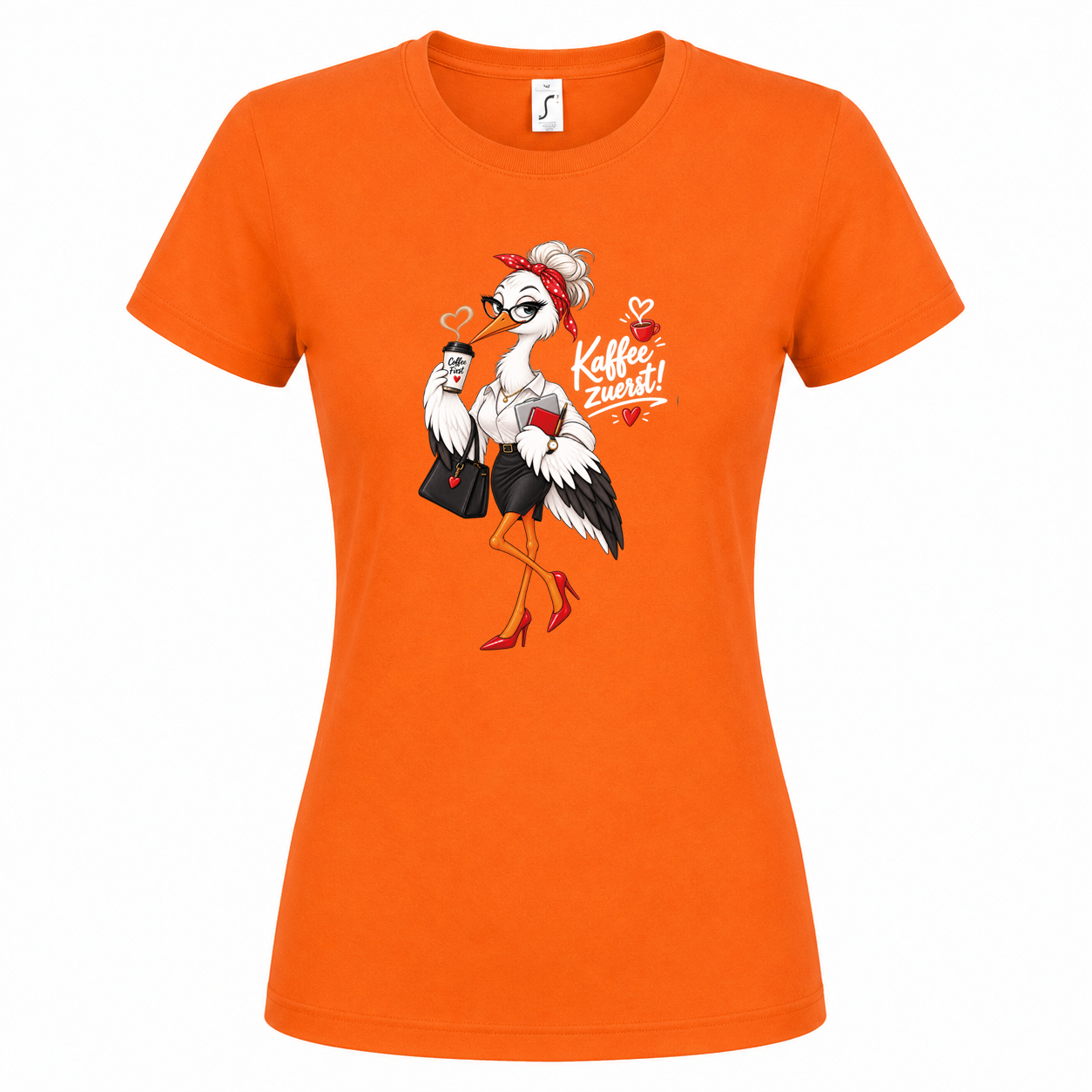 Damen T-Shirt „Kaffee zuerst!“ – Büro-Storch mit Kaffee – Bild 6