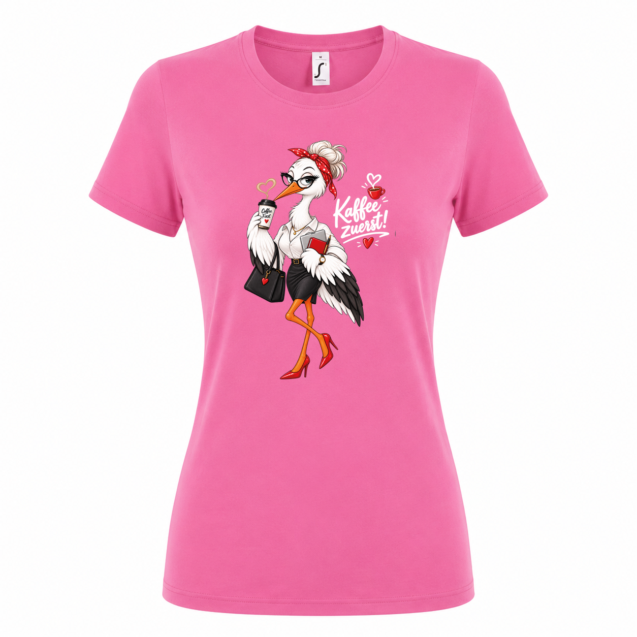 Damen T-Shirt „Kaffee zuerst!“ – Büro-Storch mit Kaffee – Bild 5