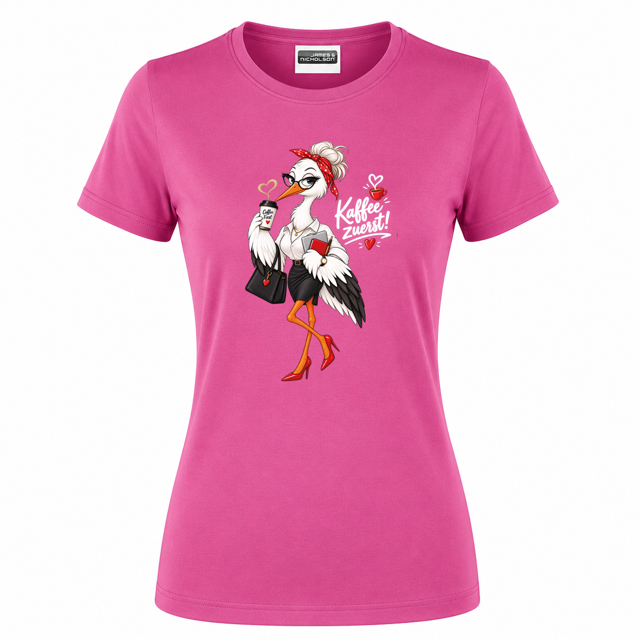Damen T-Shirt „Kaffee zuerst!“ – Büro-Storch mit Kaffee – Bild 2