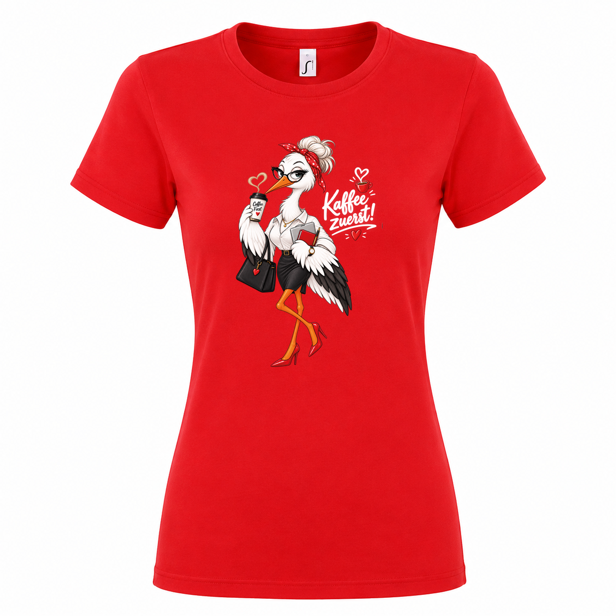 Damen T-Shirt „Kaffee zuerst!“ – Büro-Storch mit Kaffee – Bild 4