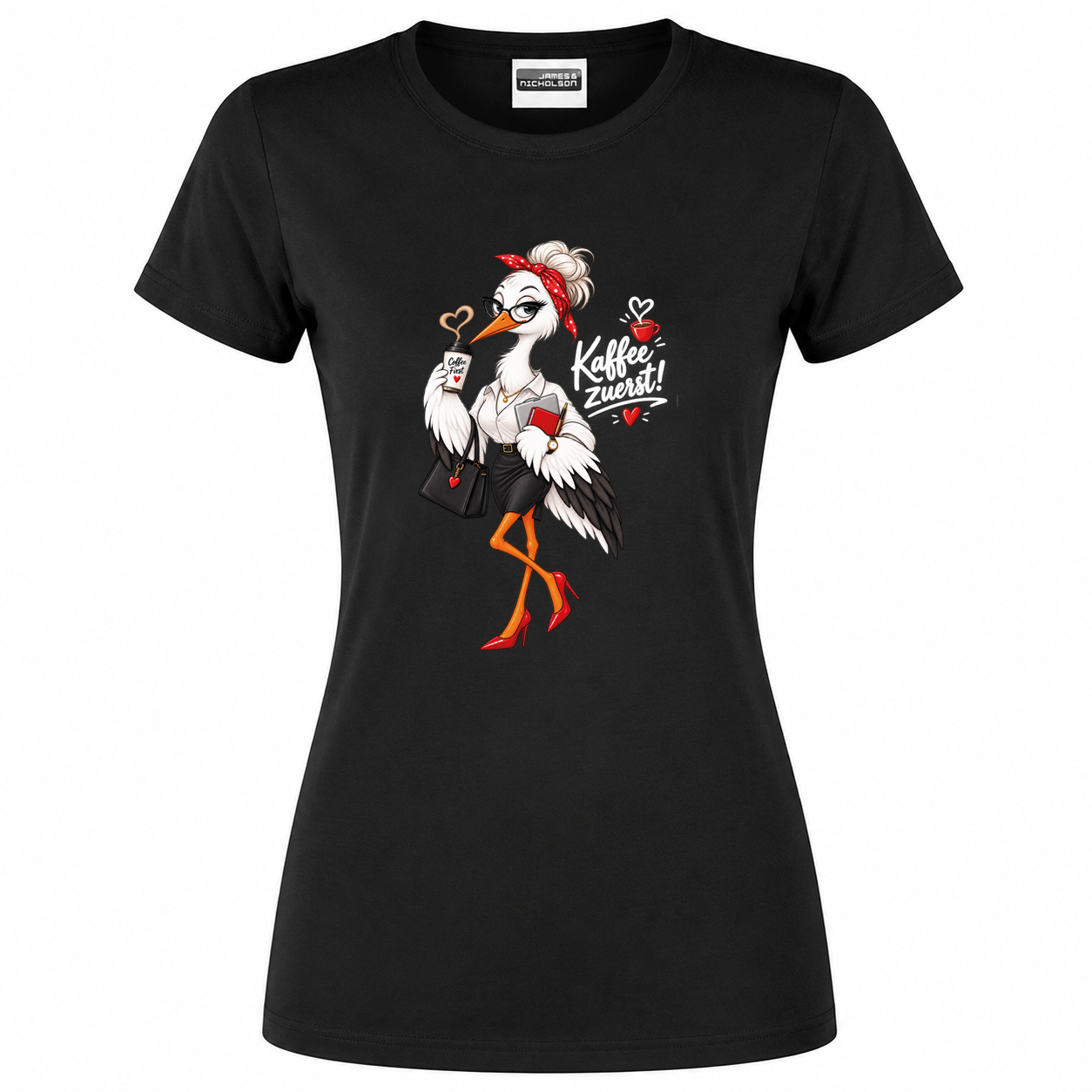 Damen T-Shirt Kaffee zuerst mit Storch-Motiv schwarz