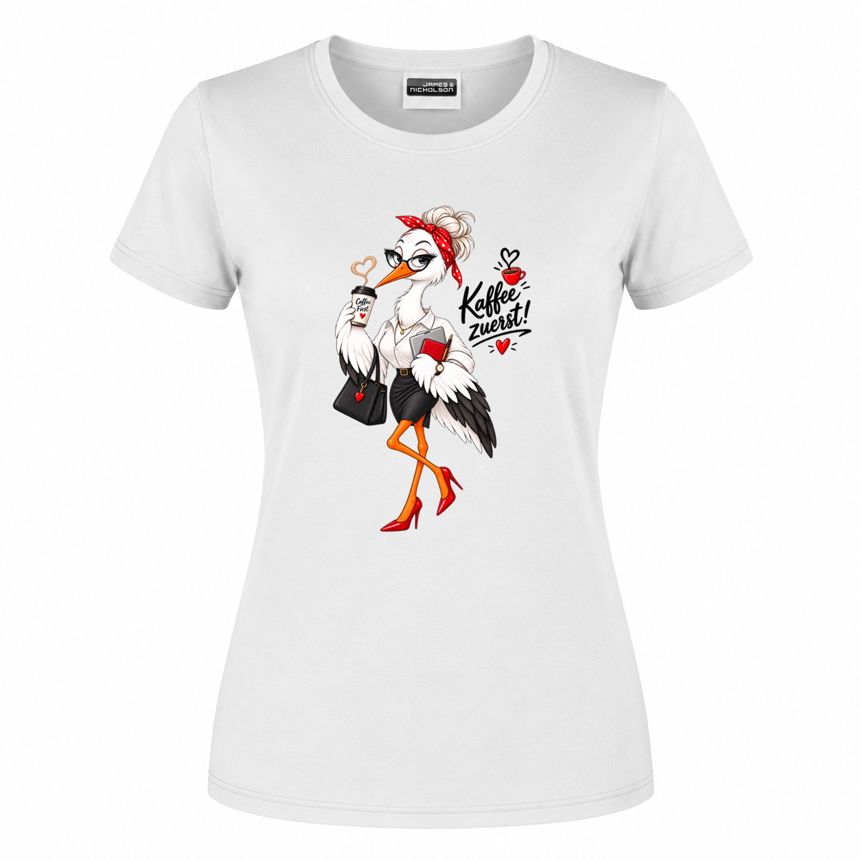 Damen T-Shirt „Kaffee zuerst!“ – Büro-Storch mit Kaffee – Bild 3