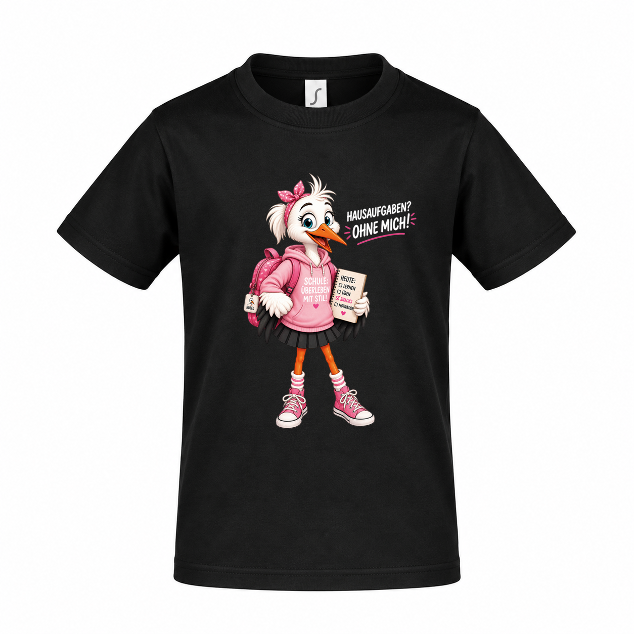 Kinder T-Shirt „Hausaufgaben? Ohne mich!“ – Storch-Mädchen – Bild 4