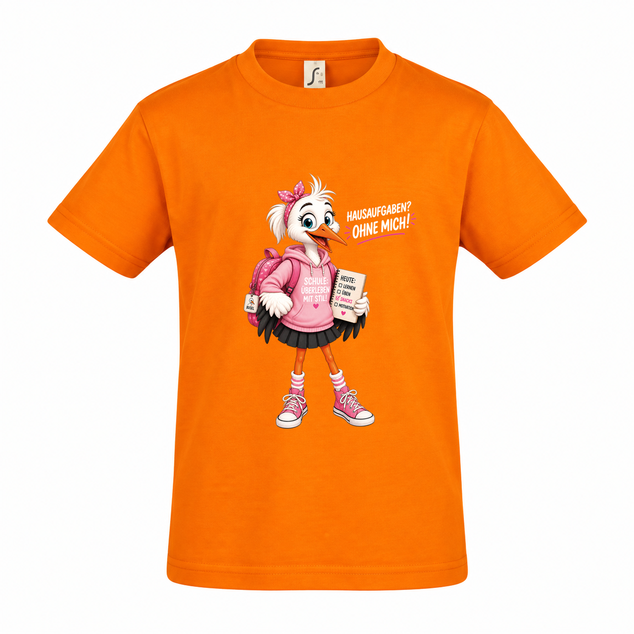 Kinder T-Shirt „Hausaufgaben? Ohne mich!“ – Storch-Mädchen